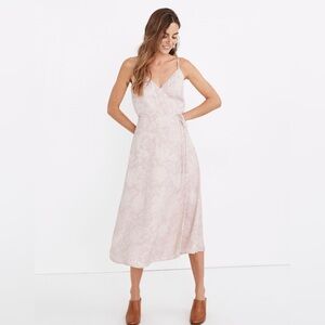 Madewell Light Pink Pindot Floral Crepe Cami Midi Wrap Dress Size M